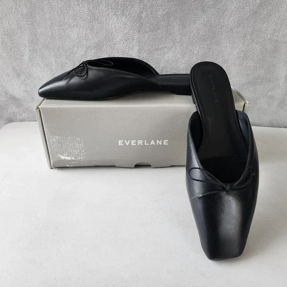 Everlane Ballet Mule Flats Womens Size 9 Leather Black Square Toe Shoes Bow NIB - Picture 1 of 13